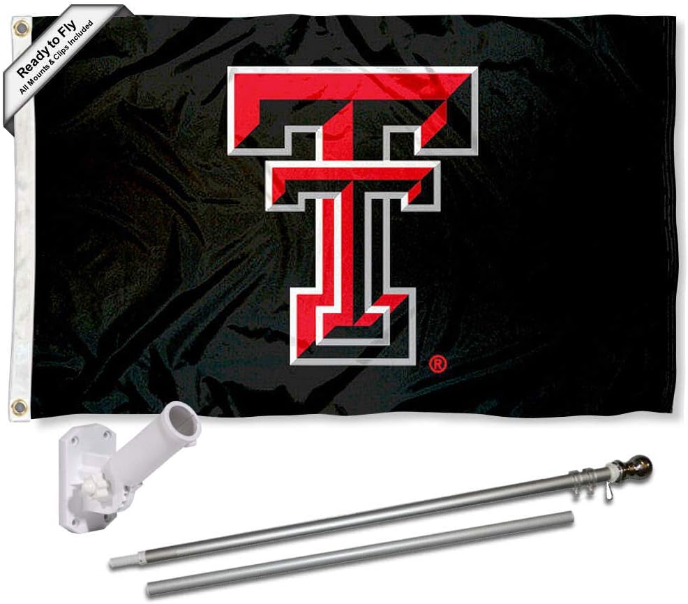 College Flags & Banners Co. Texas Tech Red Raiders Black Flag with Pole and Bracket Complete Set