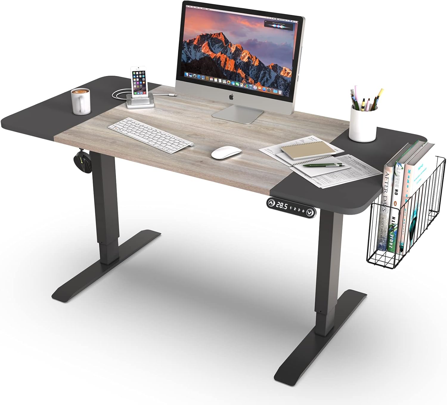 NSdirect Electric Height Adjustable Standing Desk with Storage Basket,63 x 24 Inch Sit Stand Up Table Heavy Duty Steel Home Office Workstation,Black Frame/Space Gray and Oak Wood Top
