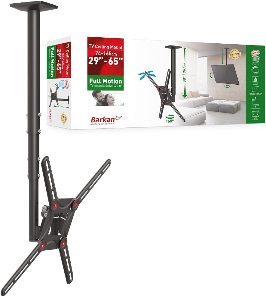 Barkan TV Ceiling Mount, 29 - 65 inch Full Motion - 3 Movement Flat / Curved Screen Bracket, Holds up to 88 lbs, Telescopic Height Adjustment, Lifetime Limited Warranty, Fits LED OLED LCD Pack of 2