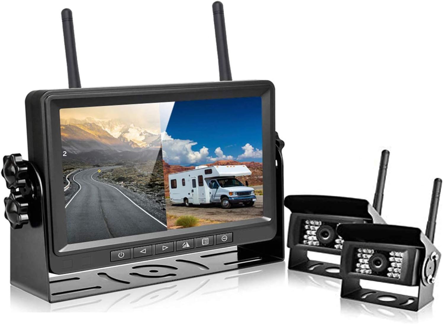 FHD 1080P Digital Wireless Backup Camera Kit, 7” LCD Monitor with Blue Backlit Buttons Support Split Screen, Two Cameras IP69 Waterproof IR Night Vision for Bus/RV/Truck/Trailer/Motorhome/Boat