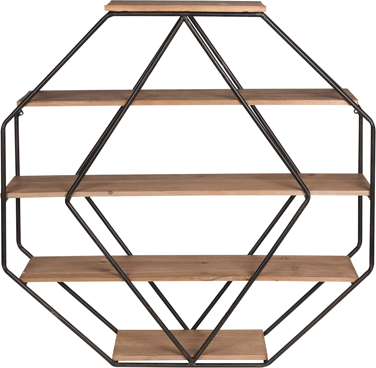 Kate and Laurel Lintz Large Octagon Shaped Floating Wood Book Shelves for Decorative Wall Display, Black Metal Frame with Rustic Brown Shelves