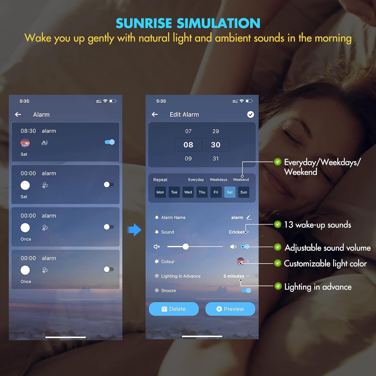Sunrise Alarm Clock, Smart Kids Alarm Clock Sound Machine, White Noise Machine with Night Light and Sleep Timer for Bedroom, Wake Up Light Alarm Clock for Heavy Sleepers Adults Toddlers Teens