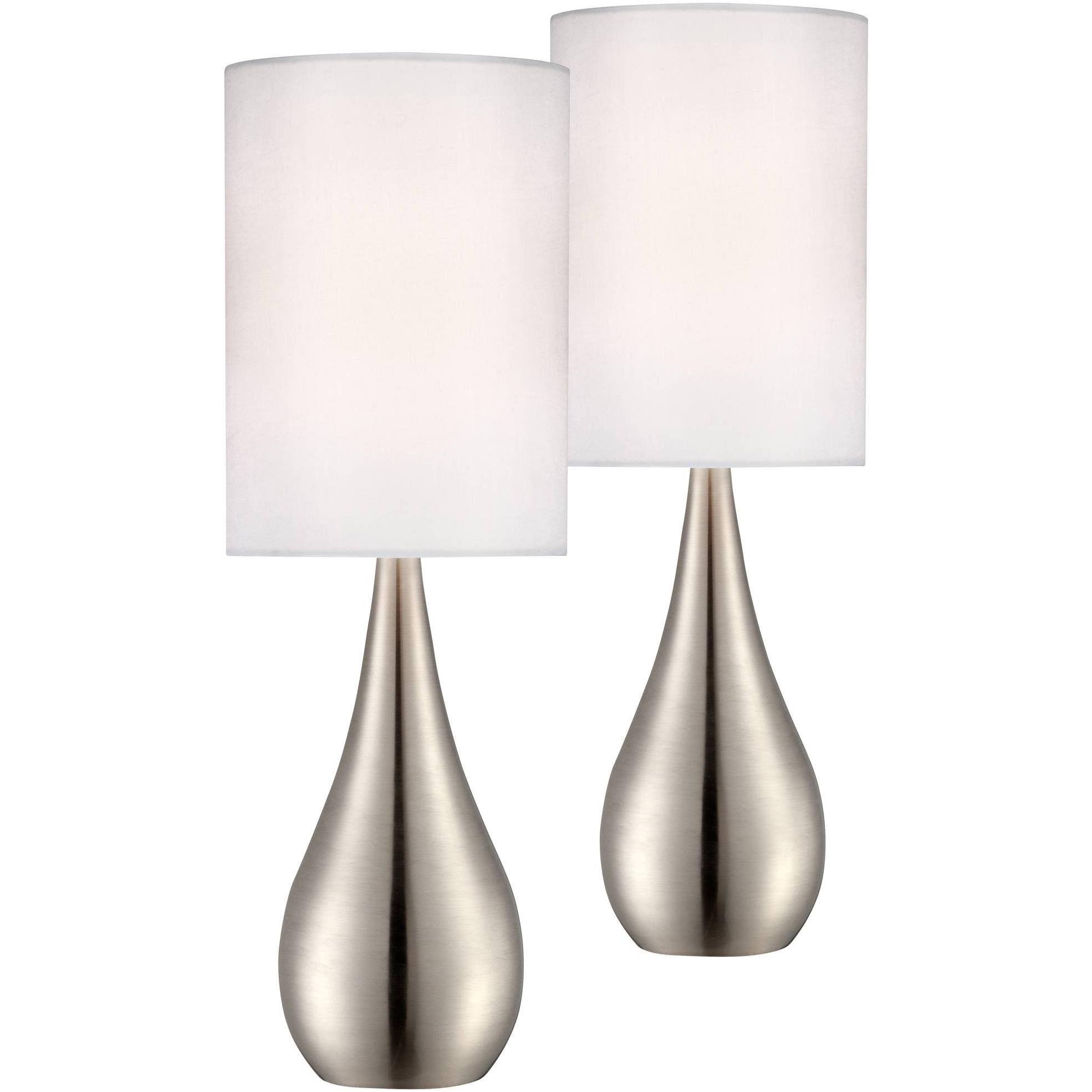 360 Lighting Modern Accent Table Lamps Set of 2 Brushed Steel Teardrop White Cylinder Shade for Living Room Family Bedroom Bedsi
