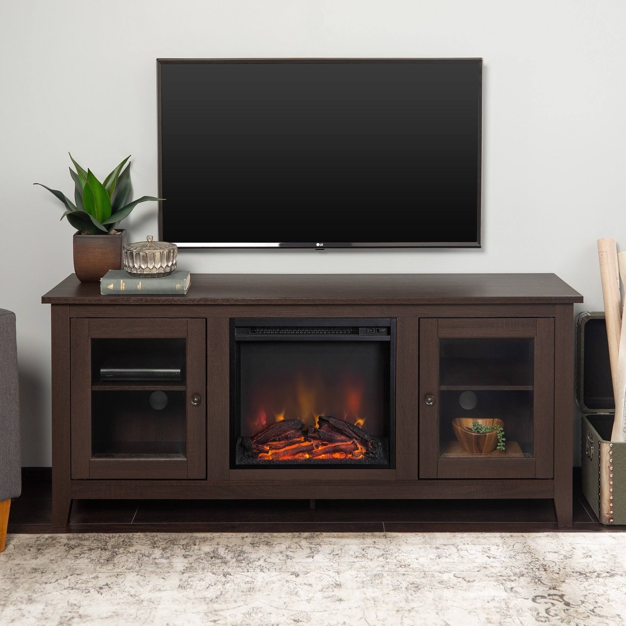 WE Furniture Espresso Fireplace TV Stand with Glass Doors