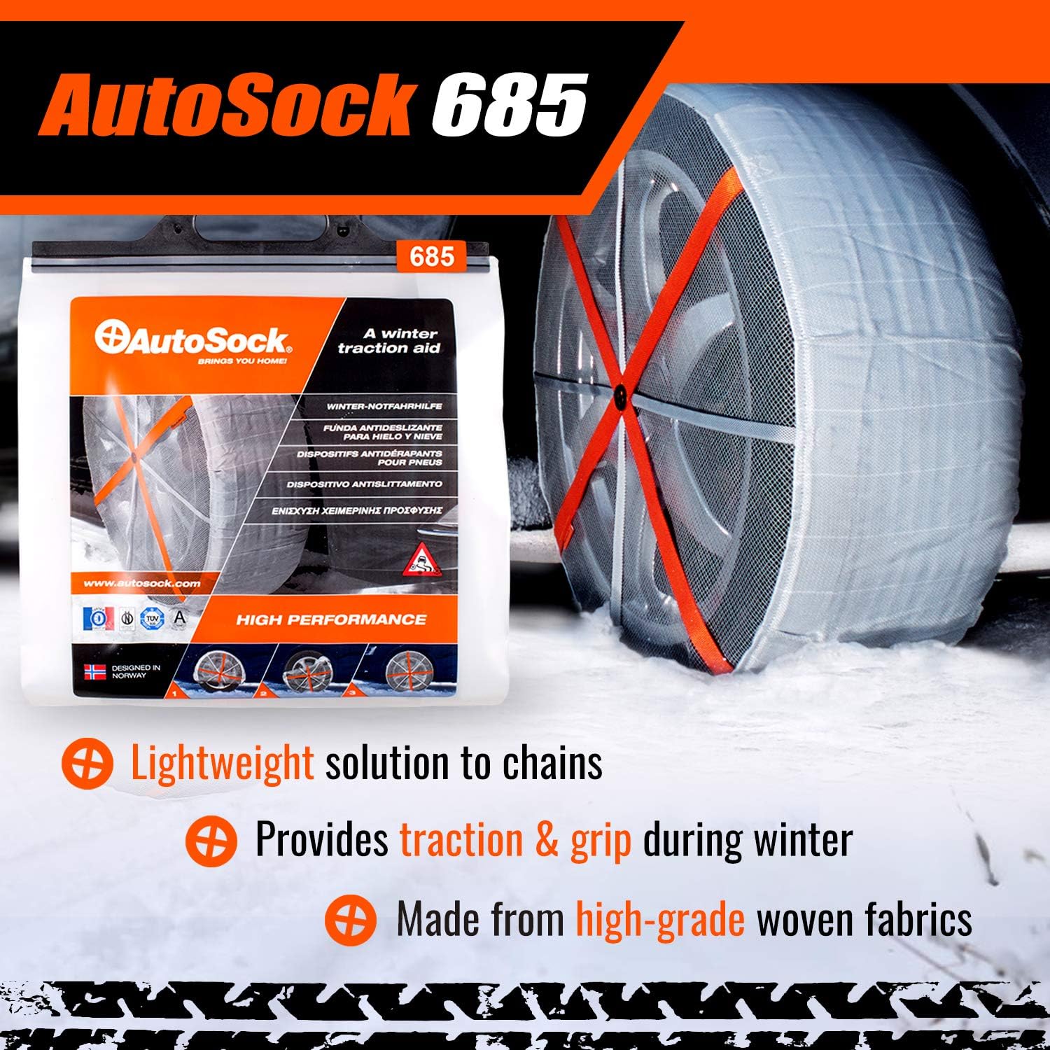 AUTOSOCK 685 - Snow Socks for Car, SUV, & Pickup - Easy to Use Tire Chains Alternative (Pack of 2)