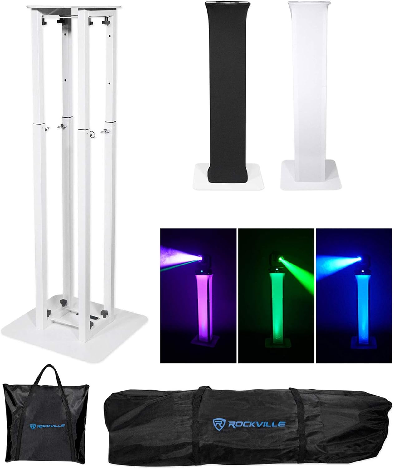 (2) Rockville RTP32W Totem Moving Head Light Stands+Black+White Scrims+Facade