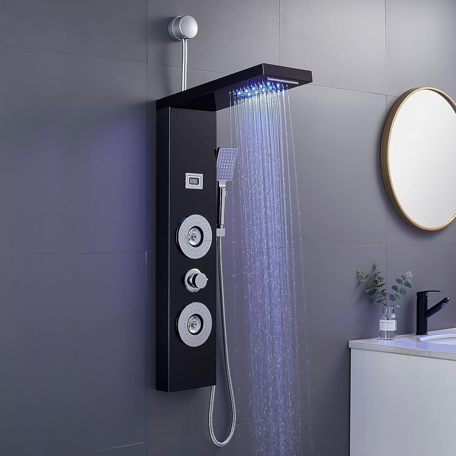 ROVOGO Retrofit Shower Panel with LED Shower Head, 2 Body Jets and Handheld, Easy Connect Shower Tower Column with Temperature Display, Black