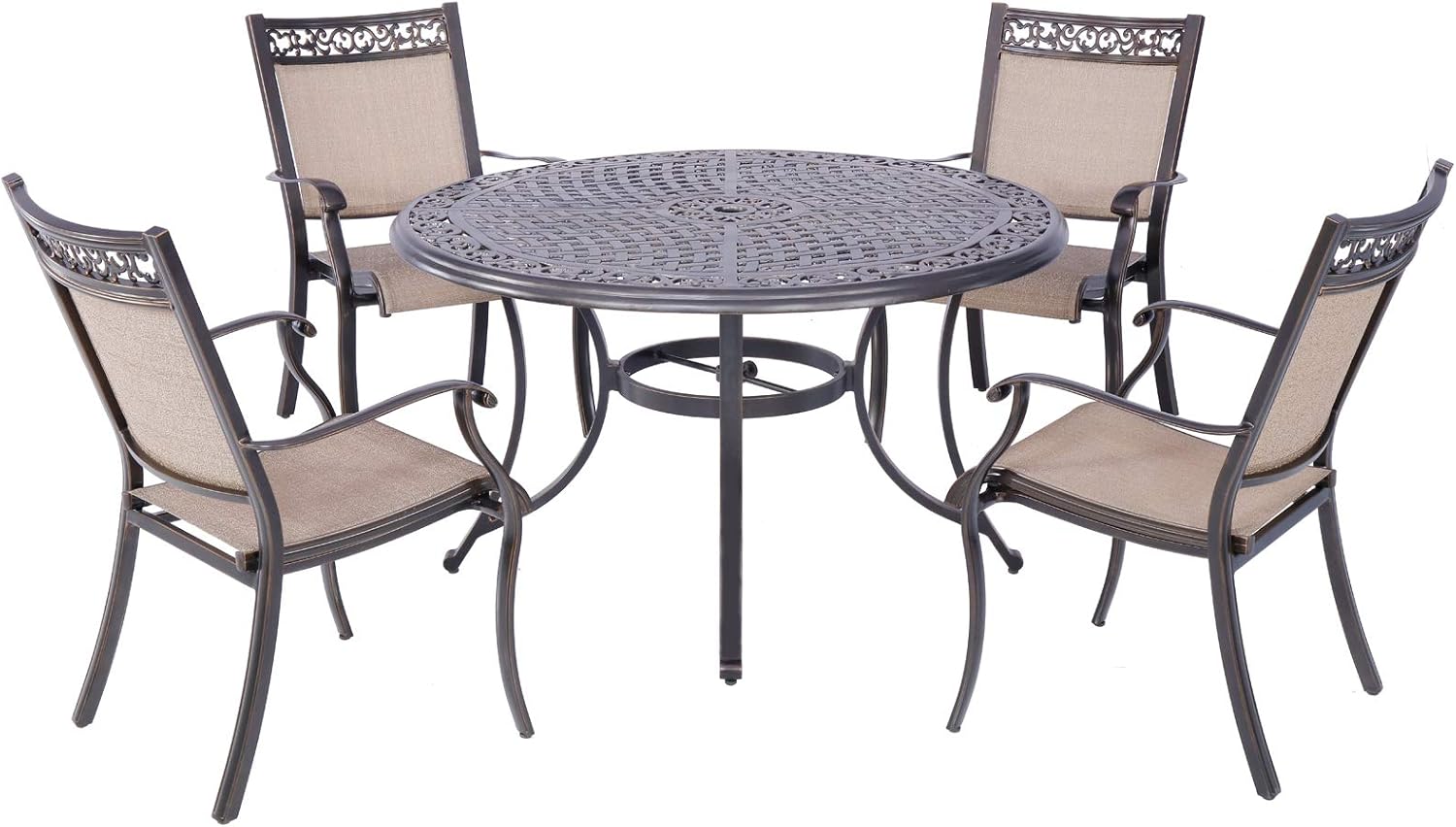 Outdoor 5 Piece Dining Set Patio Furniture, 4 Stackable Sling Chairs with 48 inch Round Alum Casting Table