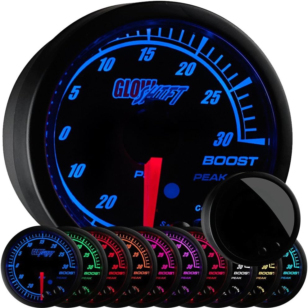 GlowShift Elite 10 Color 30 PSI Boost/Vacuum Gauge Kit - Includes Electronic Pressure Sensor - Black Dial - Tinted Lens - Peak Recall Function - for Car & Truck - 2-1/16