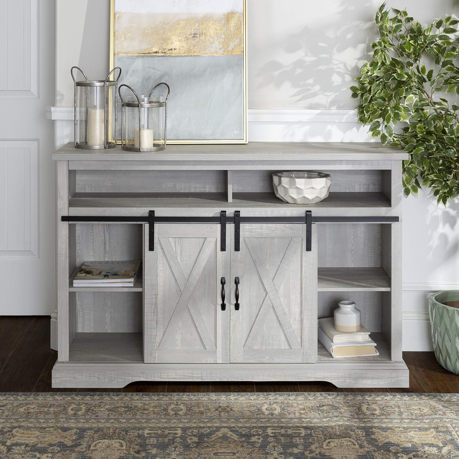 Home Accent Furnishings 52 Inch Highboy Sliding Barn Door TV Console with Stone Grey Finish