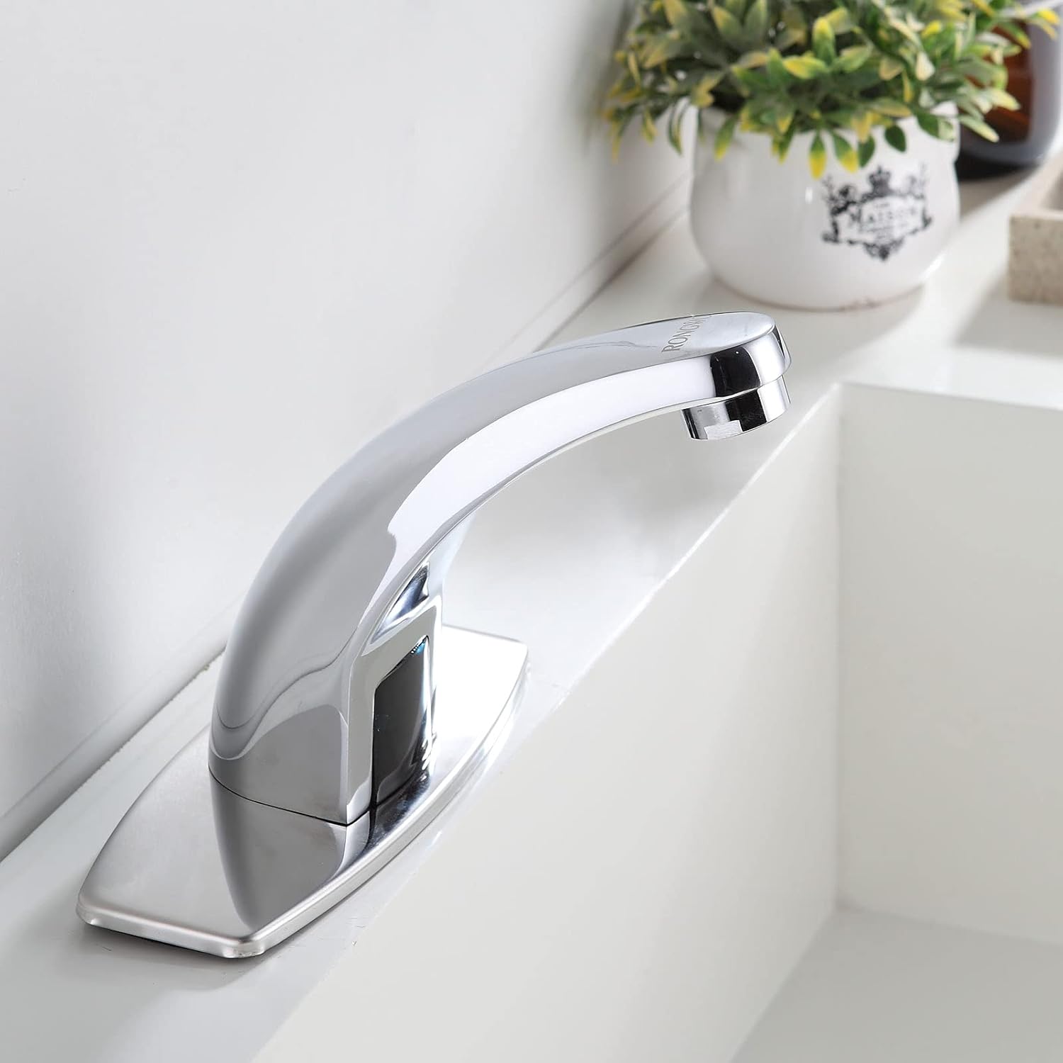 AWQM Automatic Sensor Touchless Bathroom Sink Faucet, Hands Free Kitchen Faucet with Hole Cover Plate, AC/DC Powered Control Box, Temperature Mixer, Pure Copper Body with All Accessories - Silver