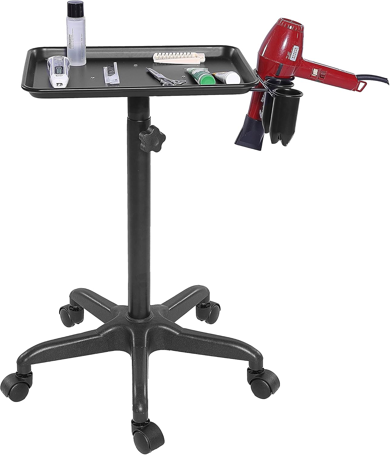 MWOSEN Rolling Salon Tray Cart Height Adjustable,Rolling Aluminum Tray Cart on Wheels for Hair Stylist, Hairdressing Tool Storage Trolley with Accessory Caddy(Black)