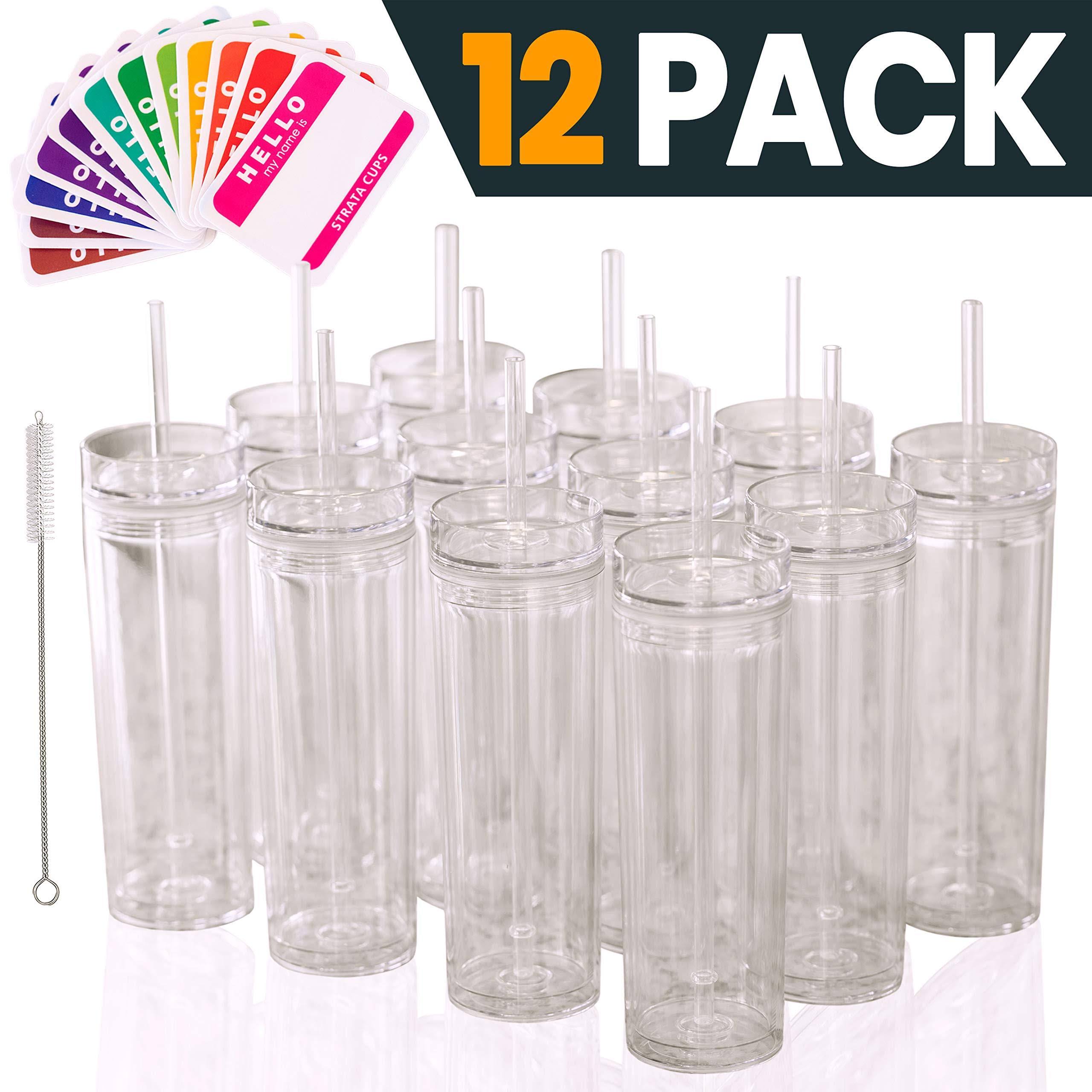 Strata Cups Skinny Tumblers Clear Acrylic with Lids and Straws Skinny, 16 Ounce
