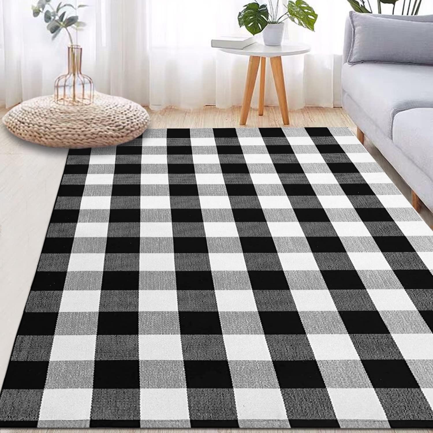 LHLJOYU Buffalo Plaid Rug Black and White Check Rugs Extra Large 5' x 7' Machine Washable Carpet Retro Lattice Checkered Outdoor Rug for Living Room Dining Room Bedroom Farmhouse(Plaid, 5' x 7')