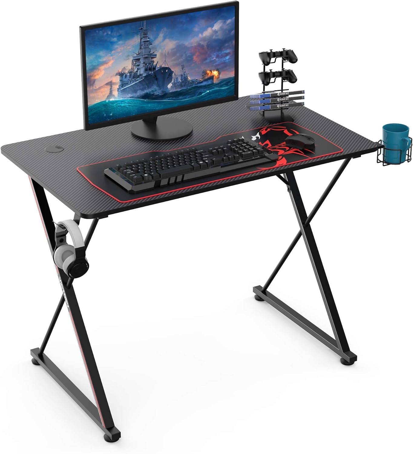 It's_Organized Gaming Desk 39 inch Gaming Table with Large Mouse Pad X-Shaped Gamer Workstation with Handle Rack Cup Holder Headphone Hook,Black