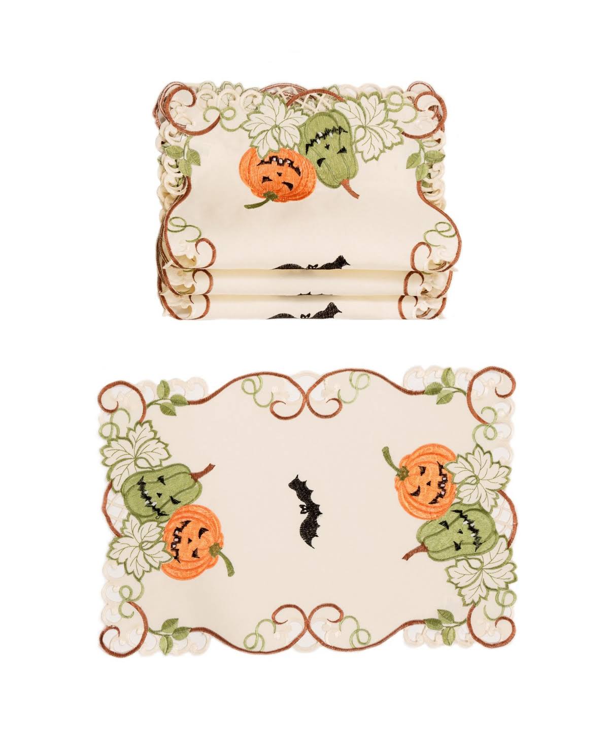Halloween Jack-O-Lanterns Embroidered Cutwork 13 by 19-inch Placemats, Set of 4 - 13x22x19