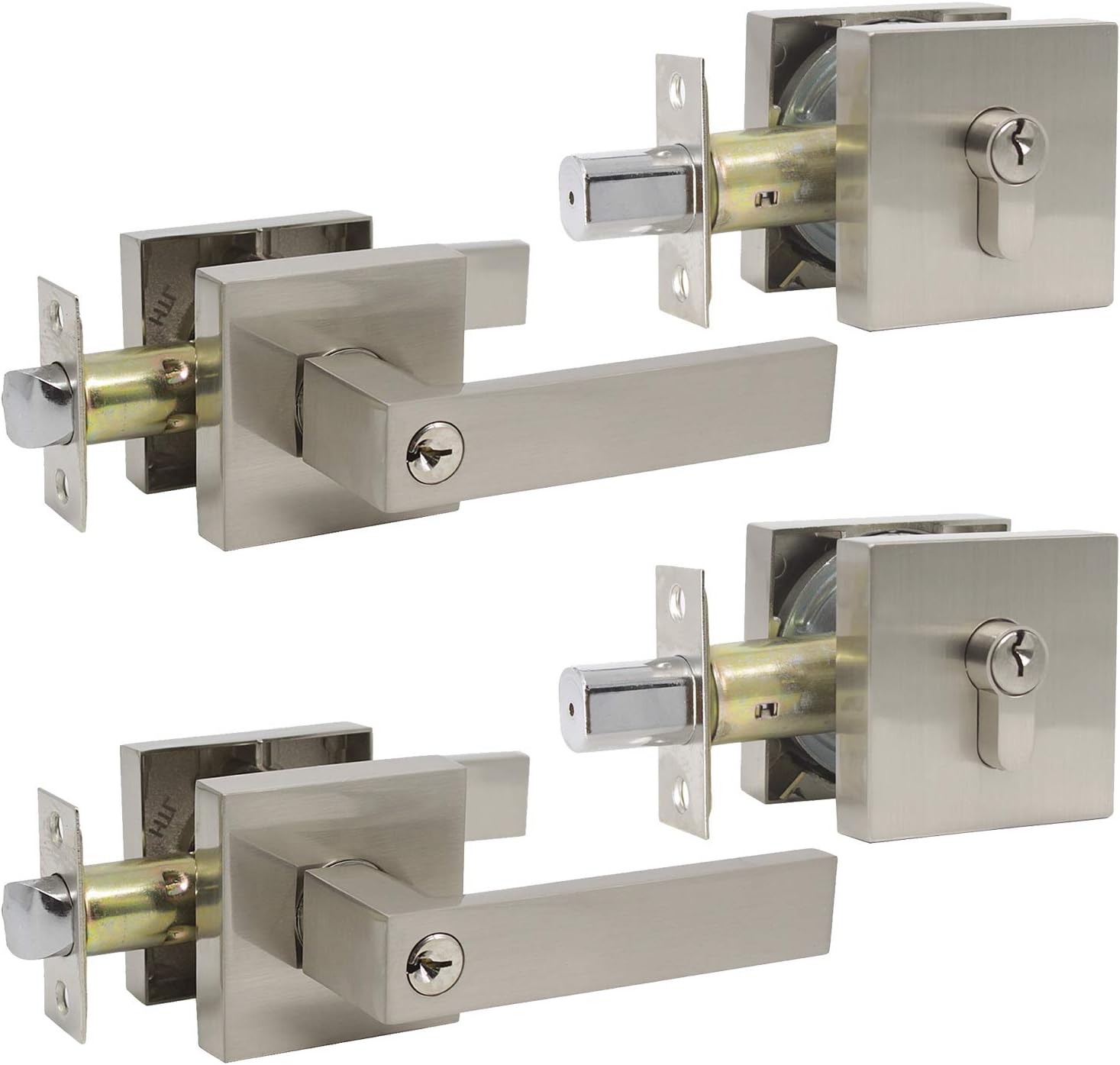 Probrico 4 Pack Square Door Levers Door Locks, Keyless Privacy Handles Locksets Interior Bed and Bath Hardware in Satin Nickel,Heavy Duty Hardware