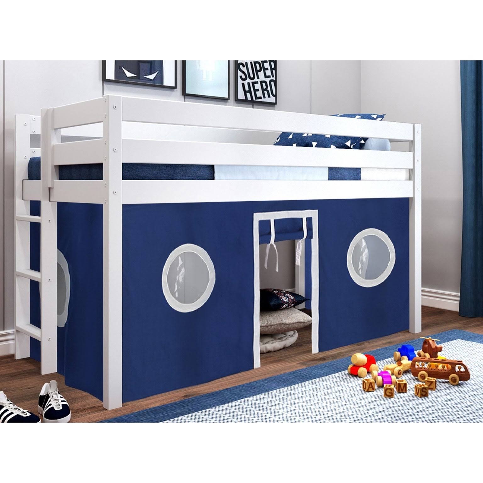 Jackpot! Contemporary Low Loft Bed with End Ladder, Twin, White with Blue u0026 White Tent