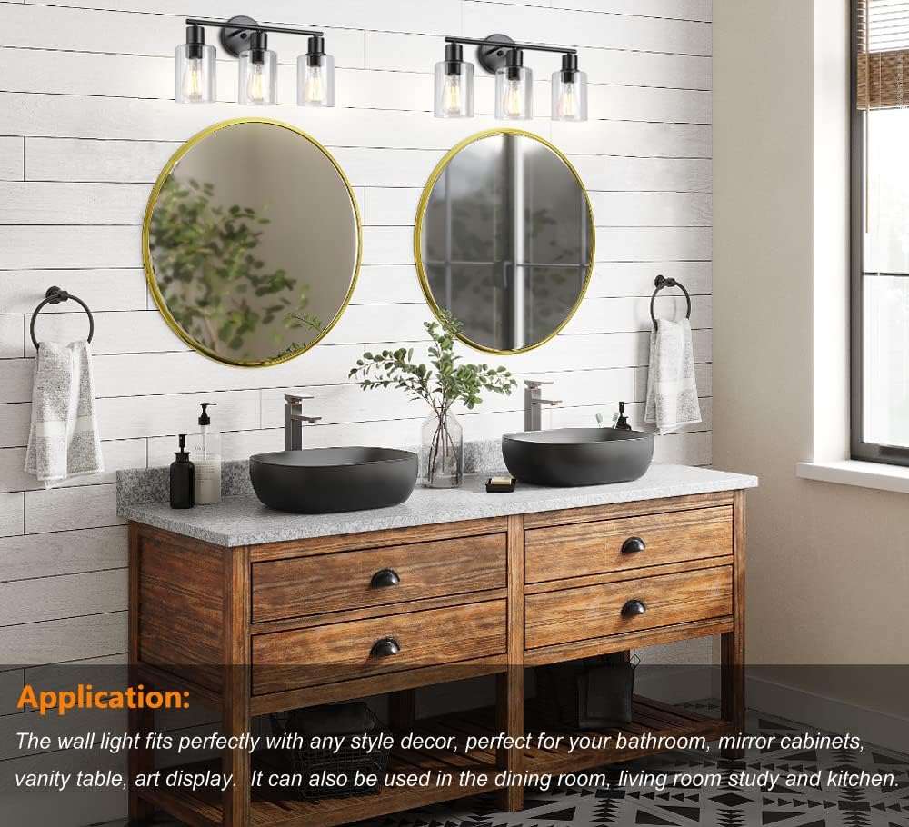 KOONTING&reg; 3-Light Bathroom Vanity Light, Metal Black Wall Sconces with Glass Shade, Modern Wall Lamp for Bathroom, Vanity Table, Mirror, Living Room, Hallway