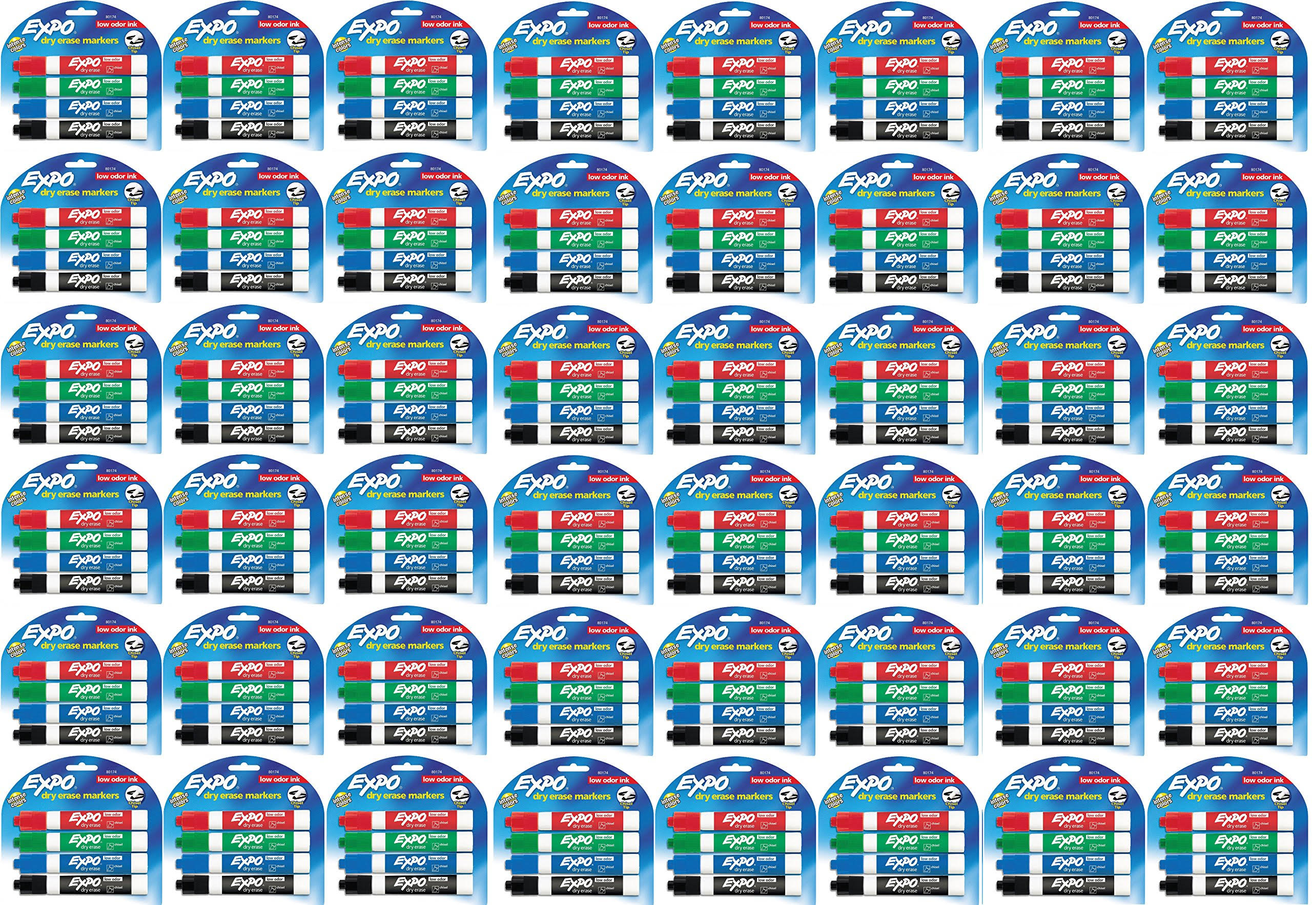 Expo 80174 Low Odor Chisel Point Dry Erase Marker Pack, Designed for Whiteboards, Glass and Most Non-Porous Surfaces, 4 Assorted