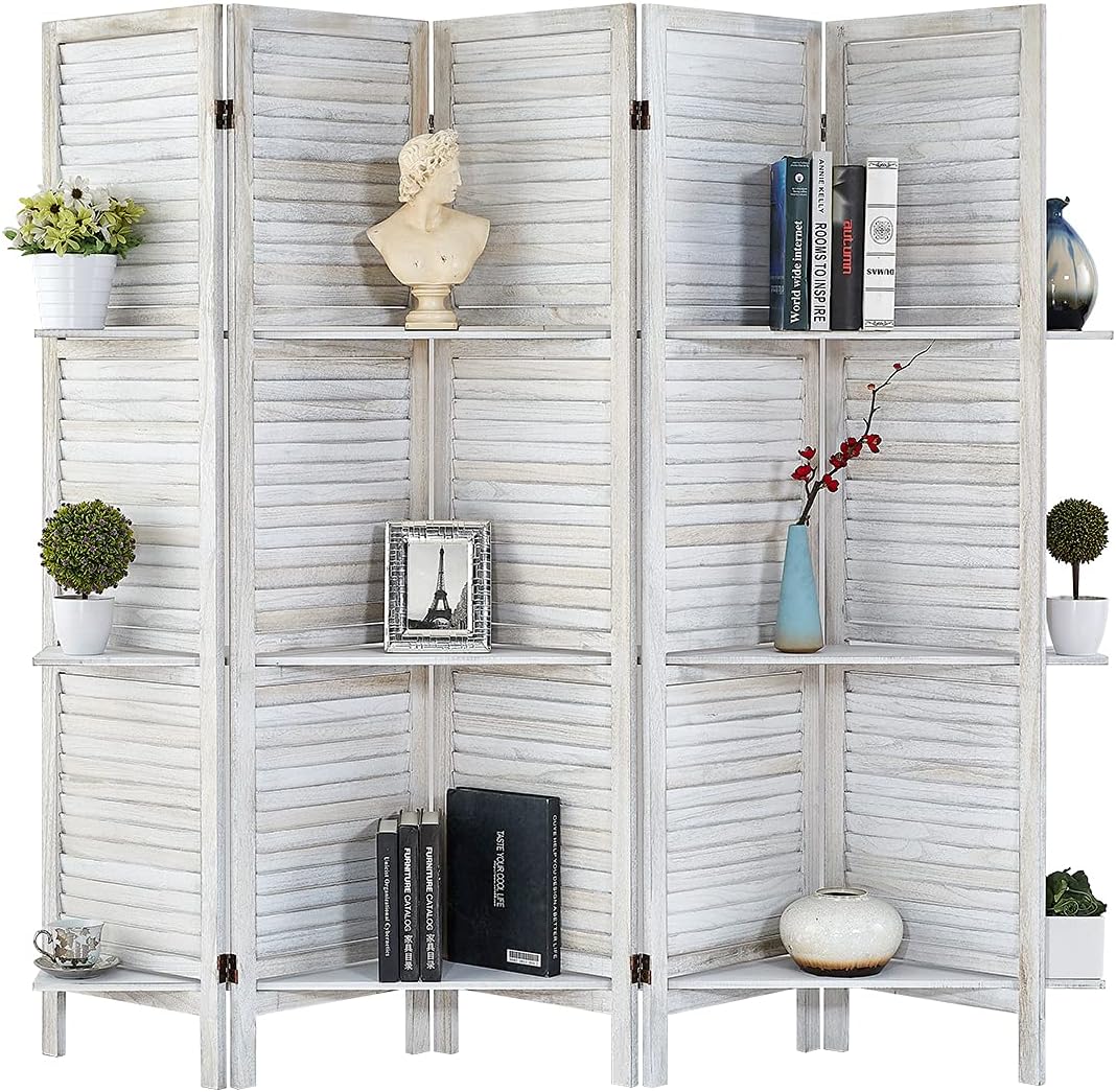 RHF Panel 5.6 Ft Tall Partition Wood Room Divider, Wood Folding Room Divider Screens, Panel Divider&Room Dividers, Room Dividers and Folding Privacy Screens with Shelves (Brown, 5 Panel)