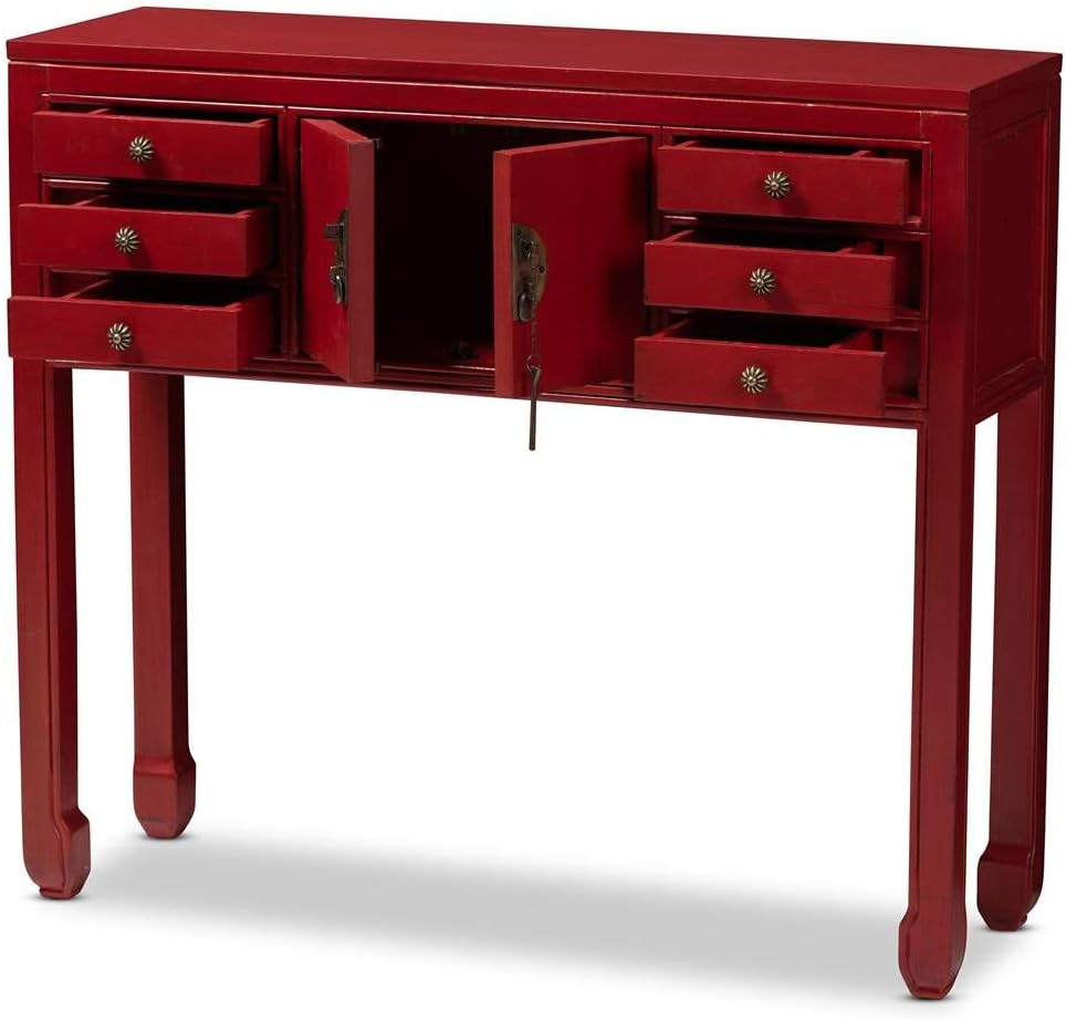 Baxton Studio Melodie Classic and Antique Red Finished Wood Bronze Finished Accents 6-Drawer Console Table