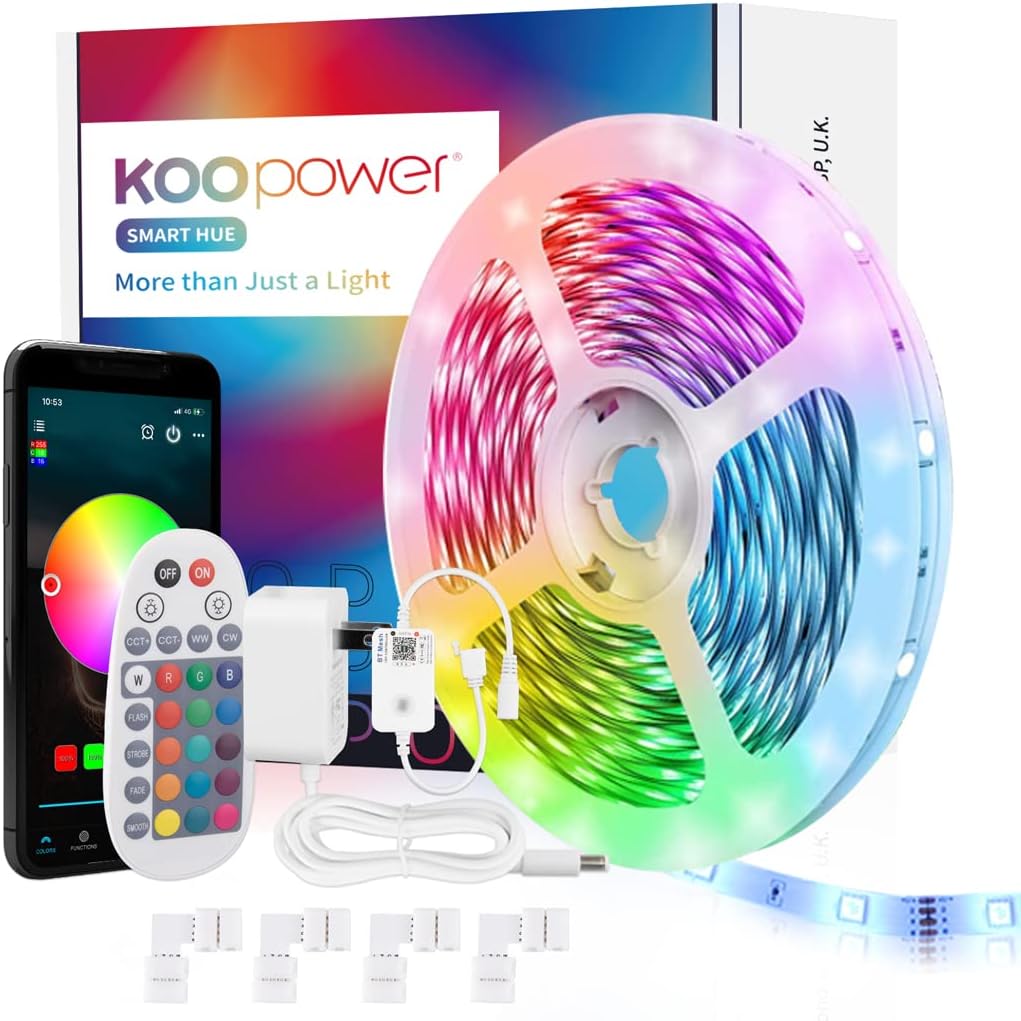50ft LED Strip Lights for Bedroom,Koopower Bluetooth LED Lights with Remote App Control Music Sync,5050 RGB LED Lights for Room,TV,Party,Kitchen,Closet,Hoom Decor Pack of 2