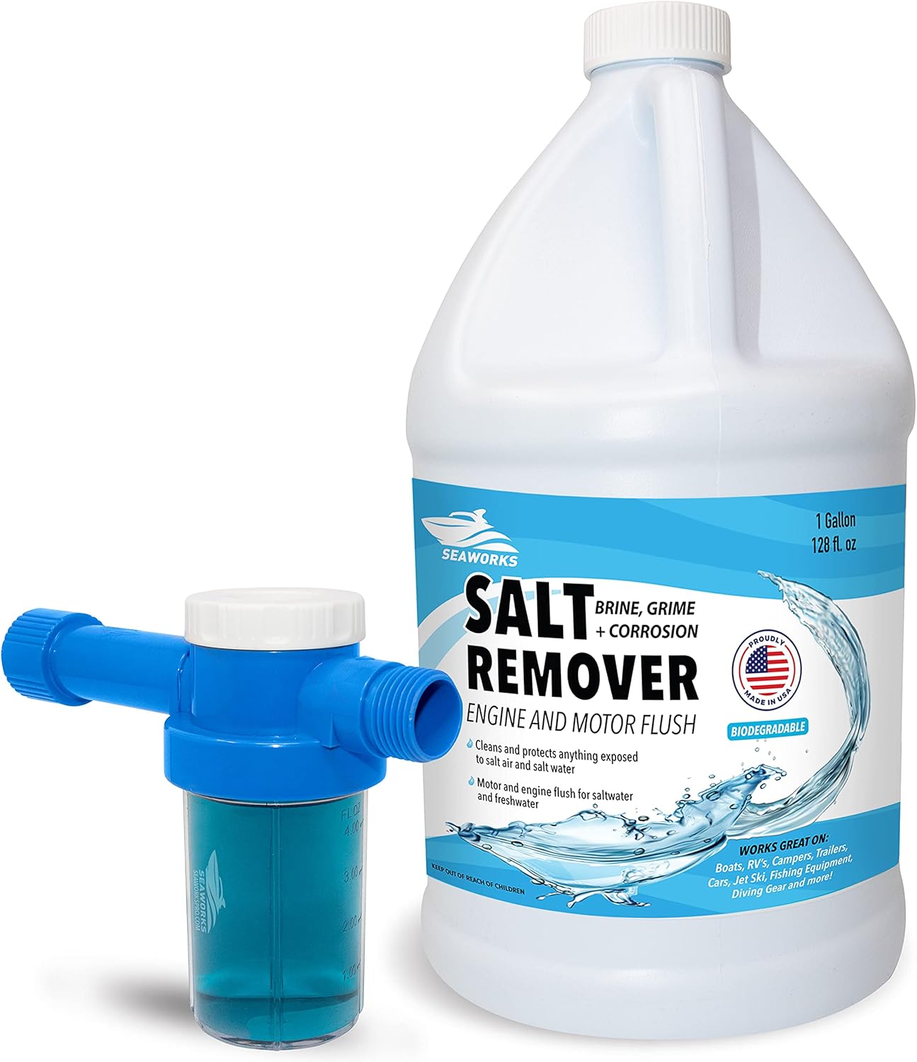Seaworks Flush Mixer with Gallon/128 floz Salt Remover Concentrate Spray for Boats, Vehicle Exterior, Engine and Motor Flush Pack of 2