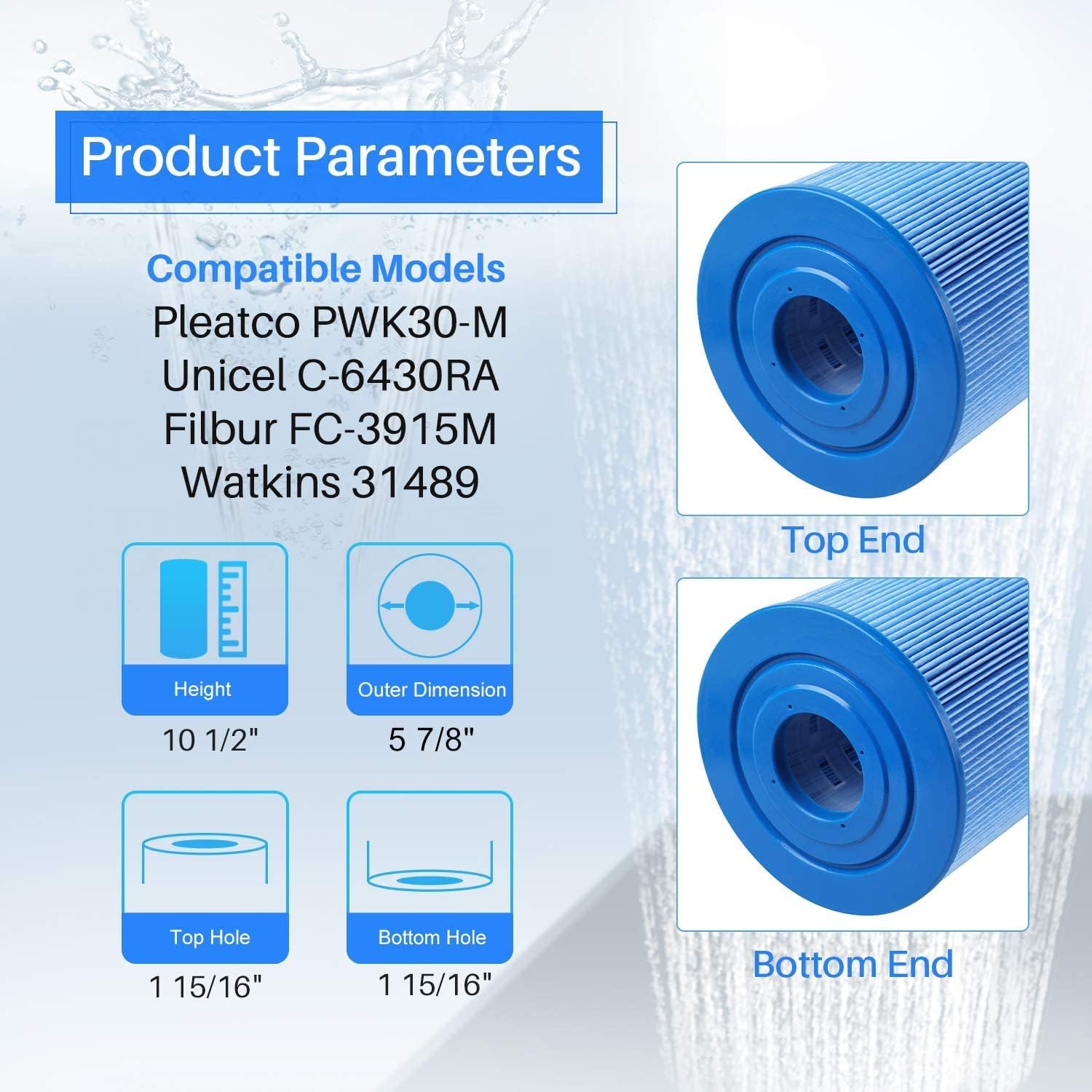 POOLPURE C-6430RA Antimicrobial Spa Filter Replaces Watkins 31489, Compatible Pleatco PWK30-M, Filbur FC-3915M, P/N0969601, 71825, 73178, 73250, 3 Pack. Pack of 2