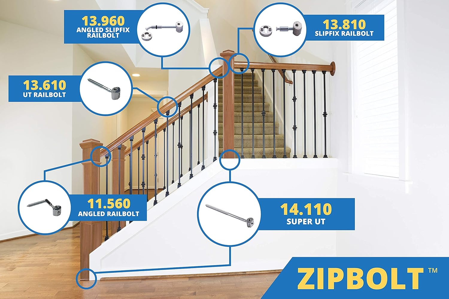 Zipbolt 13.960 Angled Slipfix Railbolt - Angled Staircase Handrail or Banister to Newel Post Connector (Upper Connection) - 1 Pack