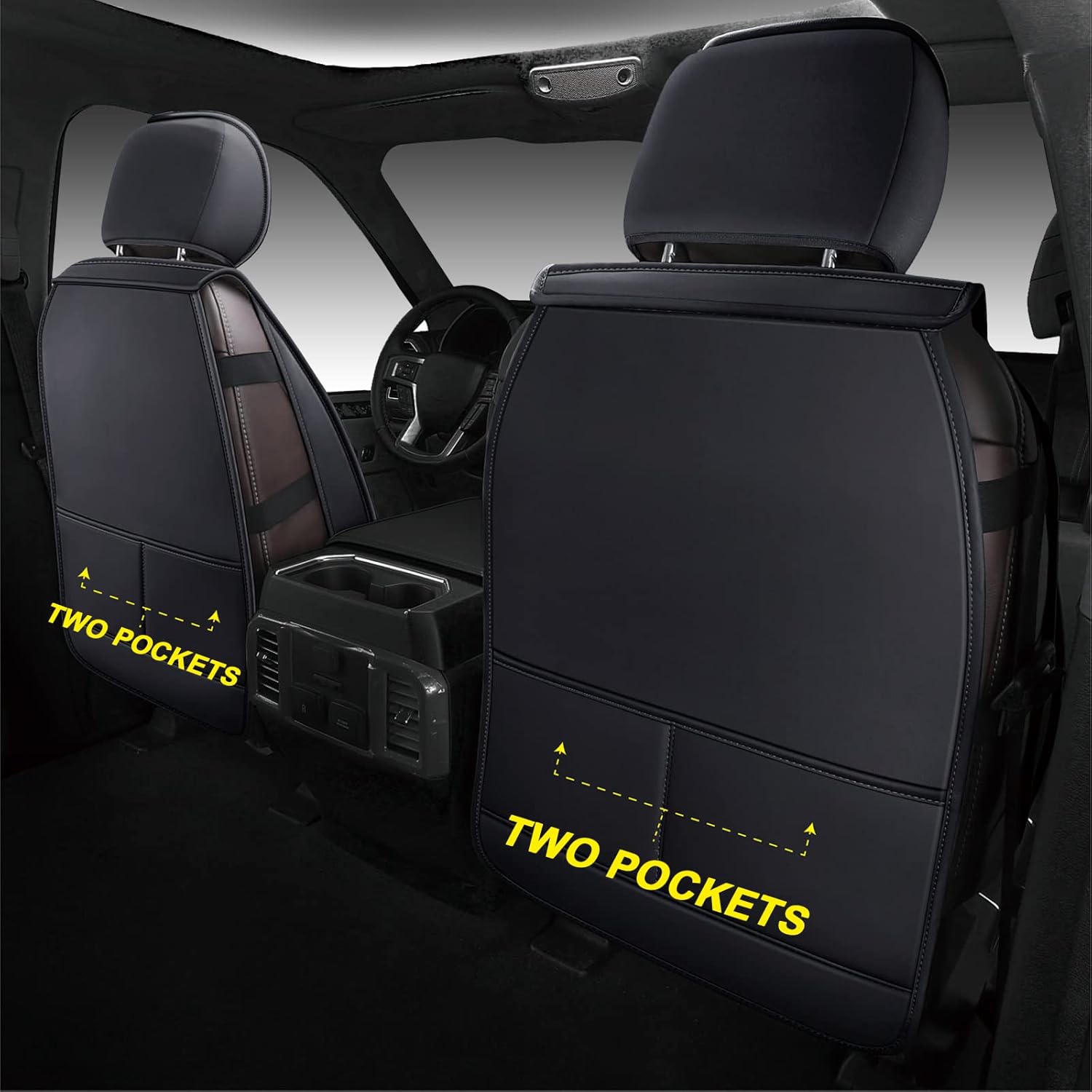 HUIDASOURCE Front and Back Seat Covers 5 Pieces, Waterproof Leather Custom Cushion Cover, Truck Seat Protectors Compatible with Ford F150 2015-2022, Ford F250 F350 F450 2017-2022(Full Set/Black)