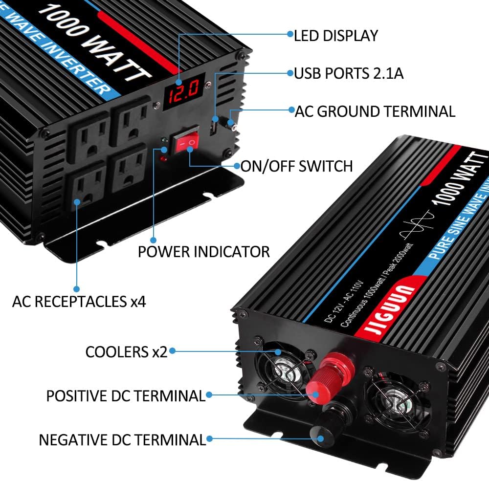 JIGUUN Power Inverter Pure Sine Wave 1000 Watt DC 12V to AC 110V with LCD, Car Inverter with 4 AC Outlets&USB Output, Power Converter with 170ft Wireless Control for CPAP RV Home. (1000W-12V)