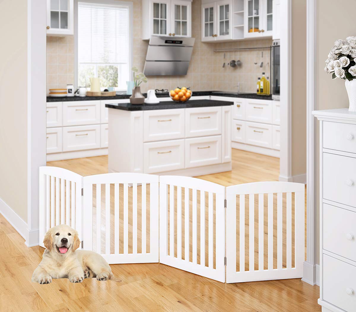 PAWLAND Wooden Freestanding Foldable Pet Gate for Dogs, 24 inch 3 Panels Step Over Fence, Dog Gate for The House, Doorway, Stairs, Extra Wide (White, 24
