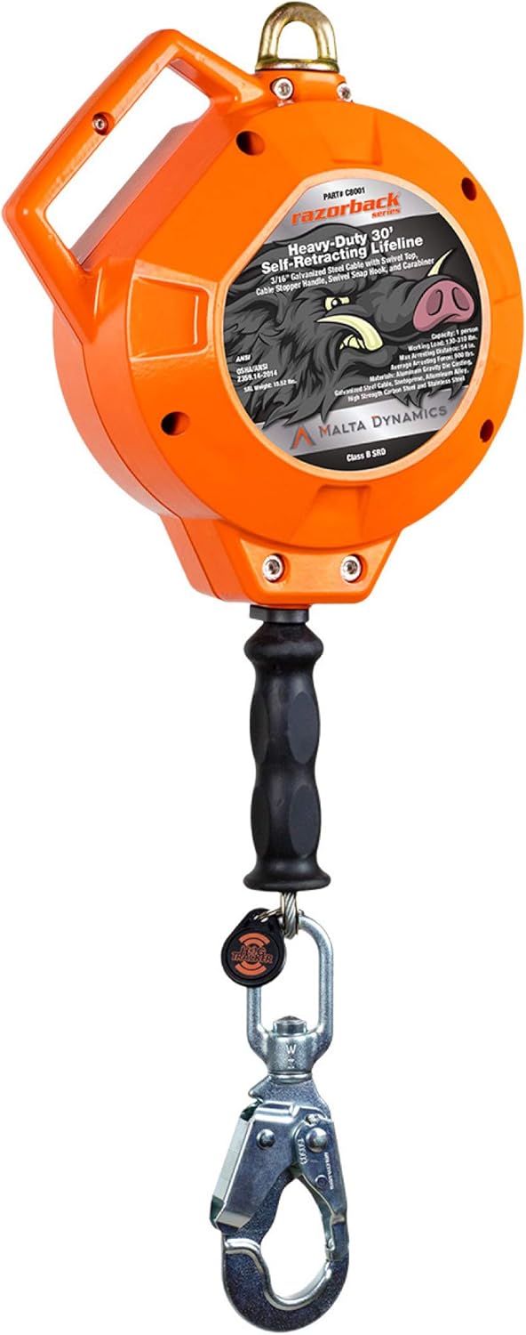 Malta Dynamics Razorback 30' Heavy-Duty Self Retracting Lifeline, Quick-Action Braking System, Galvanized YoYo Cable, Fall Protection Retractable Safety Harness Lanyard - OSHA/ANSI Compliant