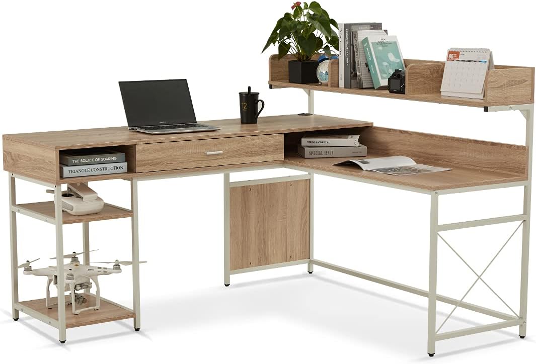 LIFEFAIR L-Shaped Desk with Large Drawer Home Office Desk with Hutch Corner Desk with Storage Shelves,Study Computer Workstation Desk Space-Saving, Gaming Table (Gray/Black)