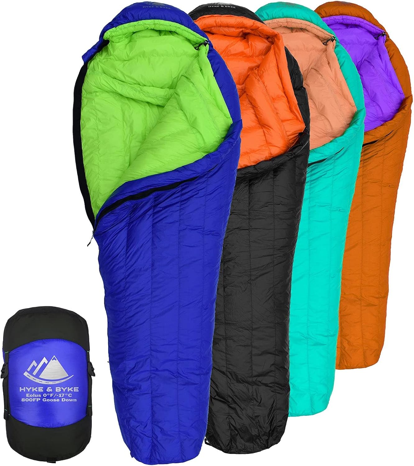 Hyke & Byke Eolus 0 F Hiking & Backpacking Sleeping Bag - 4 Season, 800FP Goose Down Sleeping Bag - Ultralight - Blue/Light Green - 78in - Regular