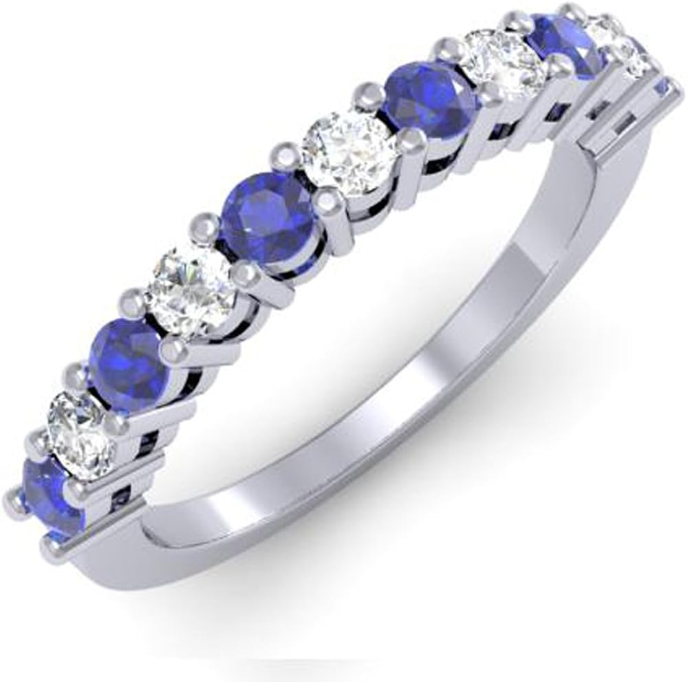 Dazzlingrock Collection 10K Round White Diamond & Blue Sapphire Anniversary Stackable Wedding Band, White Gold