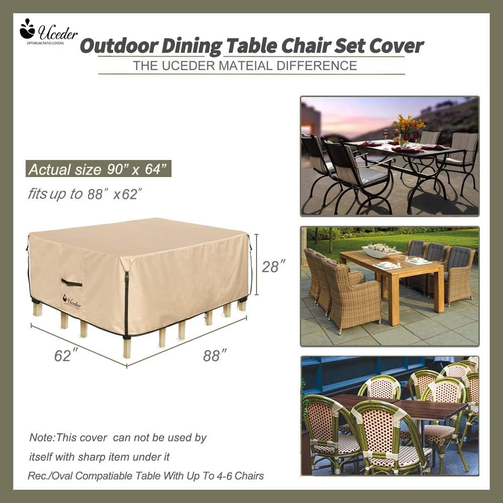 UCEDER Rectangular Patio Heavy Duty Table Cover TPU Back Side Coating 88x62 inches Outdoor Dining Table Chair Set Cover fit Square/Round Patio Table and 4-6 Standard Chairs