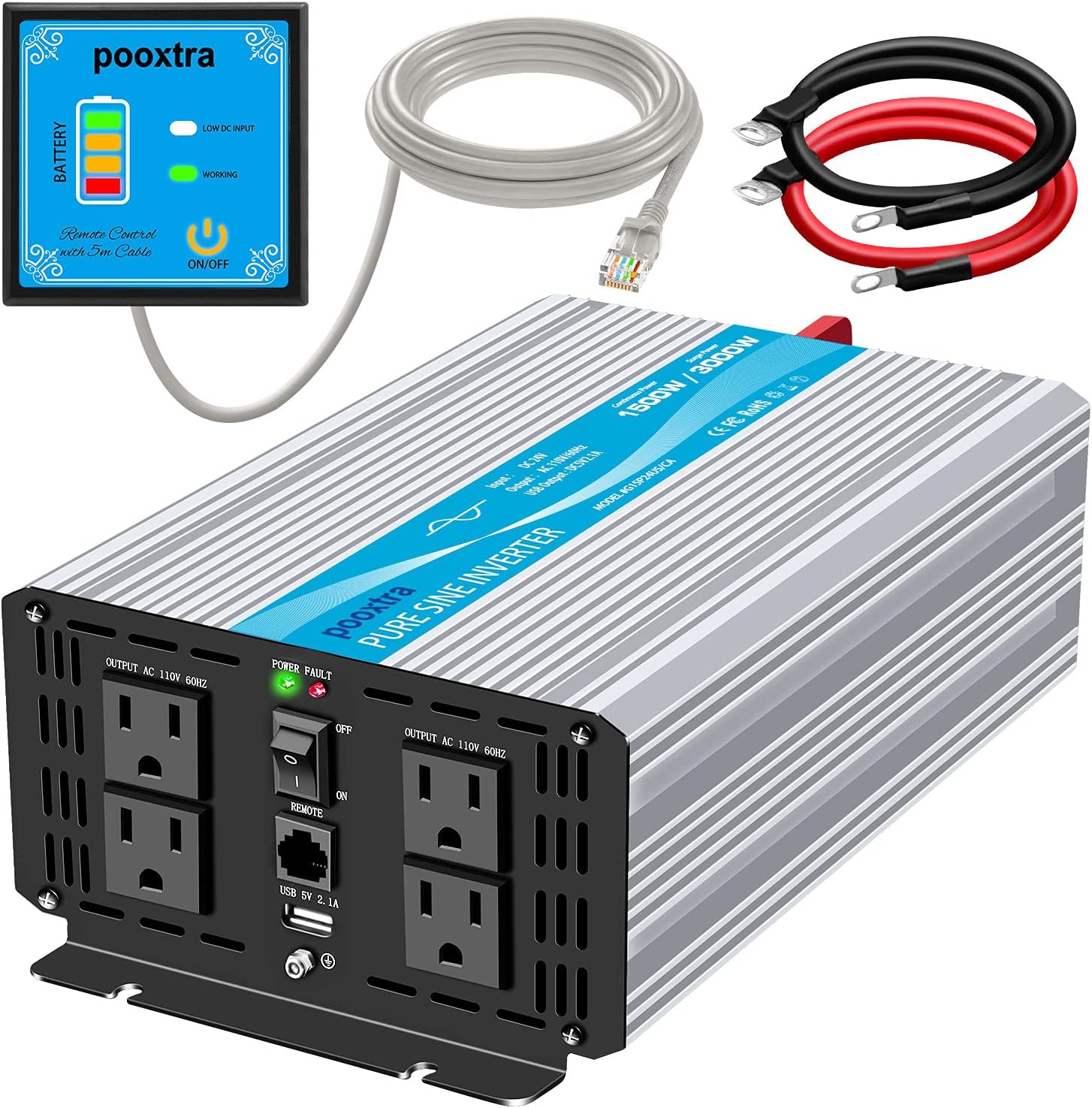 pooxtra 1500w Pure Sine Wave Inverter 24V to 110V Power Converter with 4 AC Outlets and 2.1A USB Port & Remote Controller for RV Trucks Boats and Emergency