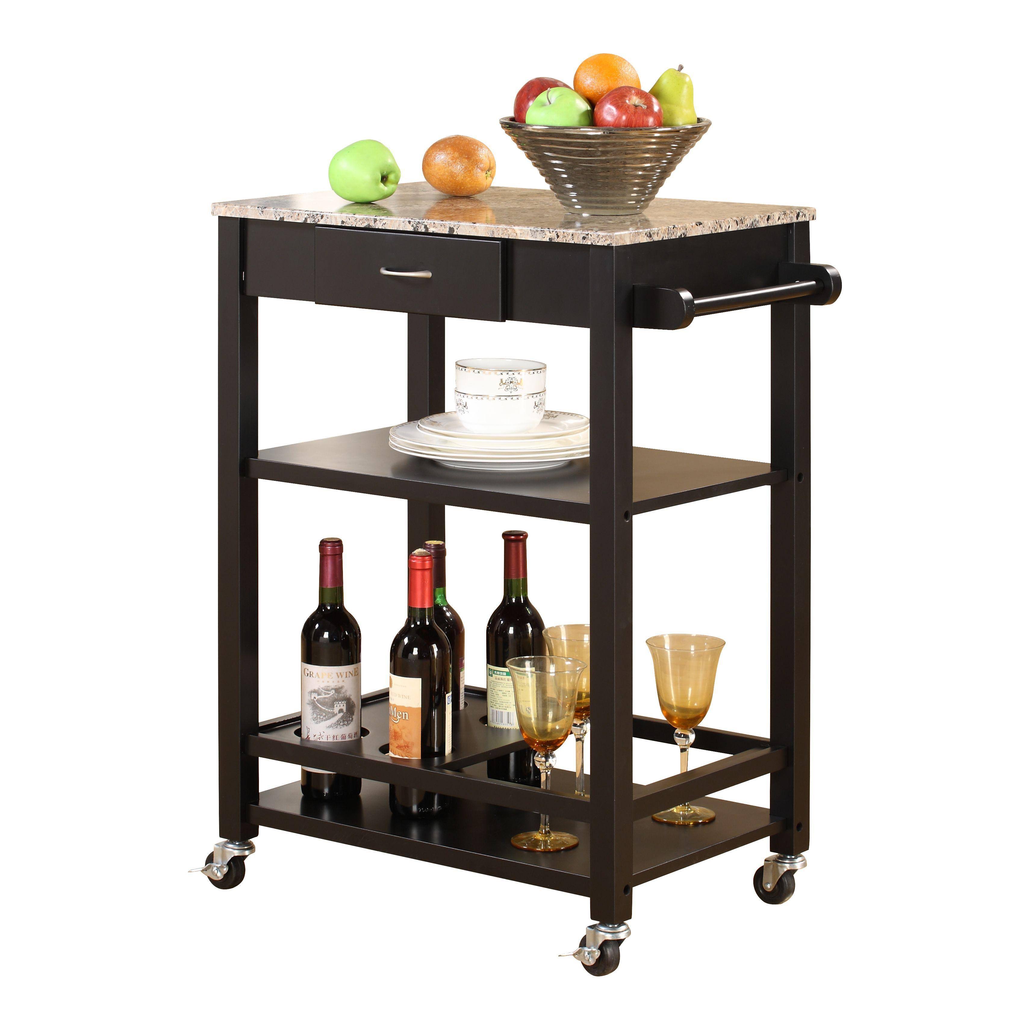 Pilaster Designs Black, Marble Wood Kitchen Serving Cart with Storage Drawer