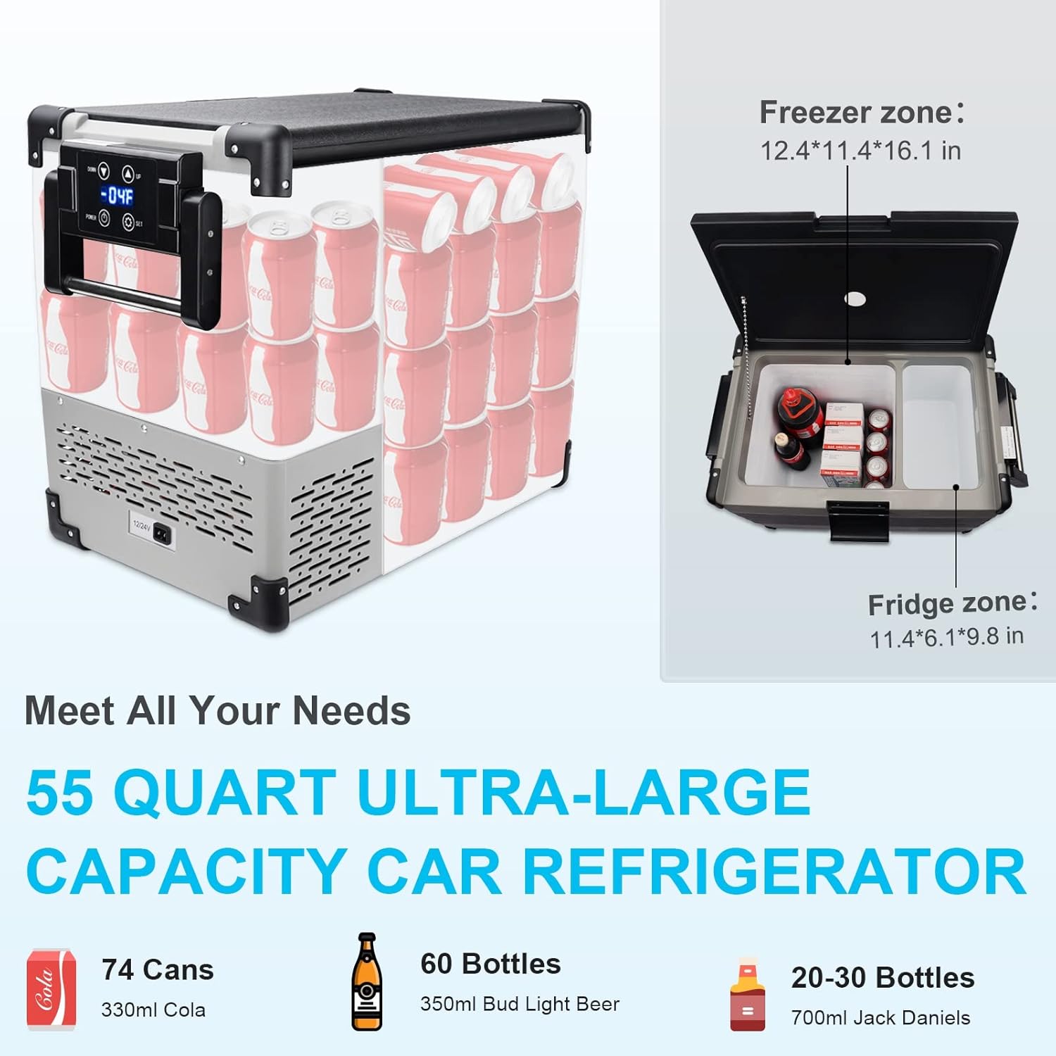 Car Refrigerator - AUTOOMMO 55 Quart Car Fridge (-4℉~50℉), 12 Volt Portable Car Freezer with 6A 12/24V DC 100/240V AC Adapter for Camping Travel and Truck RV SUV Van Boat Home Use