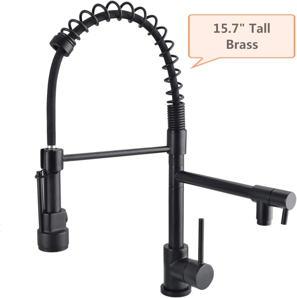 SHAMANDA Commercial Pre-Rinse Kitchen Faucet, High Arc Kitchen Sink Faucet with Pull-Out Spring Spout and Pot Filler, Matte Black, L40001-7