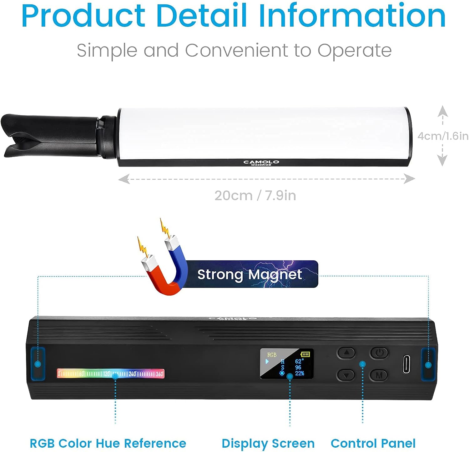 CAMOLO Handheld Light Wand Portable LED Video Light RGB Full Color 3000mAh Rechargeable CRI 95+ 2500-9000K Dimmable Magnetic Attraction and Tripod for Photography Vlog YouTube TikTok Pack of 2