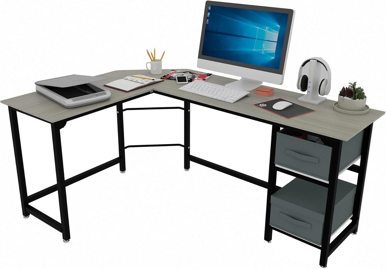 SZXKT White L Shaped Desk， Home Office Corner Desk， Computer Wooden Table Sturdy Gaming Desk Workstation Reversible Modern Simple Multi-Usage Desk with Drawer Space-Saving Writing Desk (Oak White)