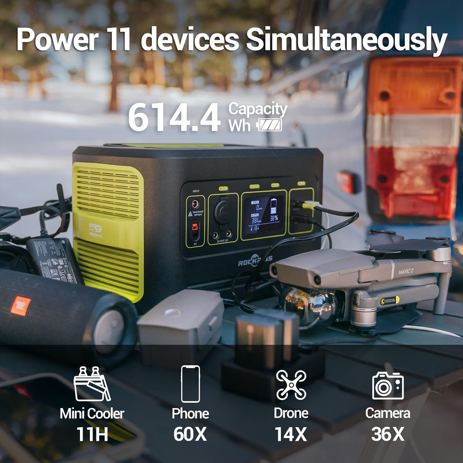 ROCKPALS Portable Power Station Freeman 600, 3 x AC Outlets, 614.4Wh Solar Generator and RP082 100W Foldable Solar Panel with Kickstand, Parallel Solar Panel Kit for Outdoor Camping, RV, Adventure