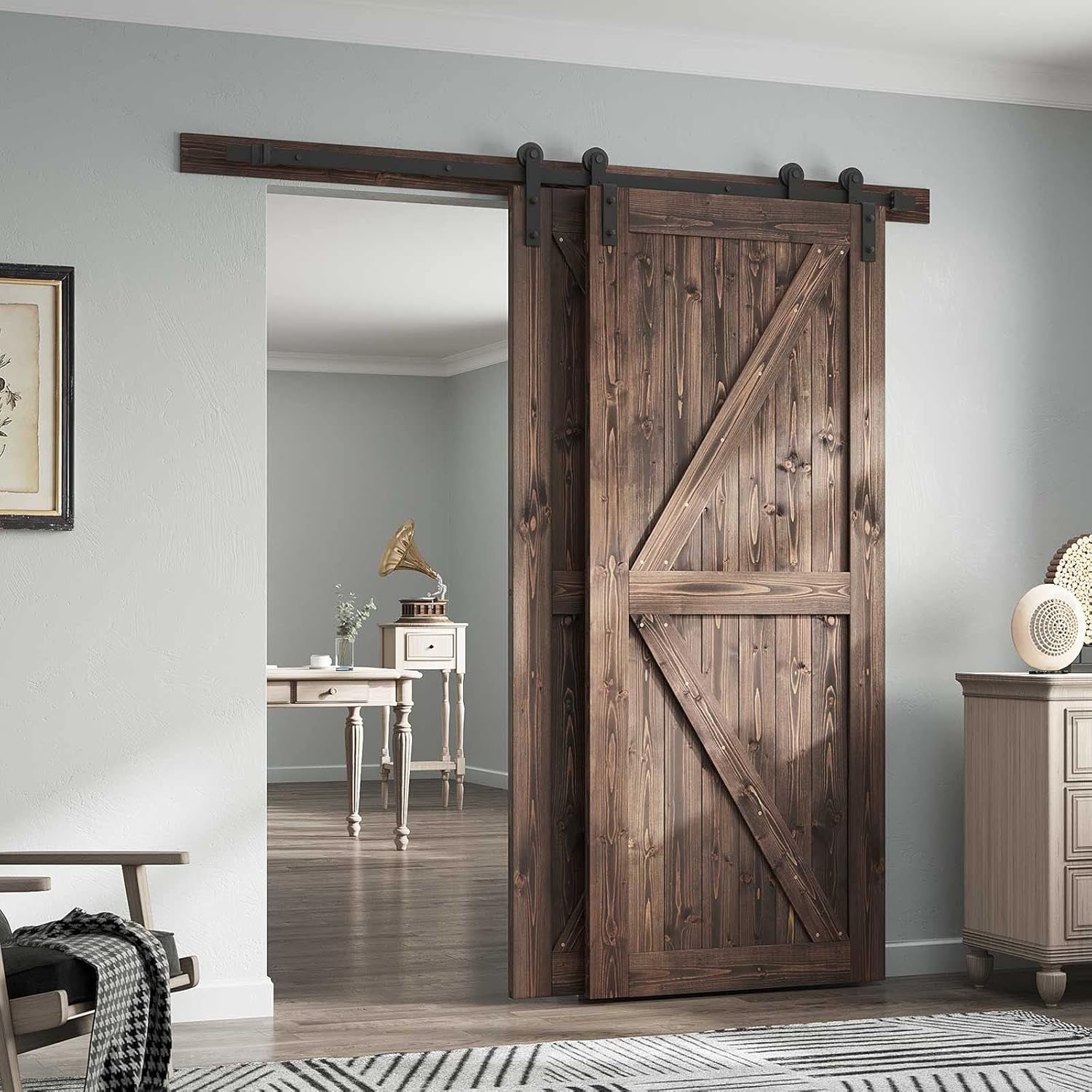 6.6 FT Bypass Sliding Barn Door Hardware, Single Track Bypass Kit for Double Wooden Doors, I Shape Pack of 2