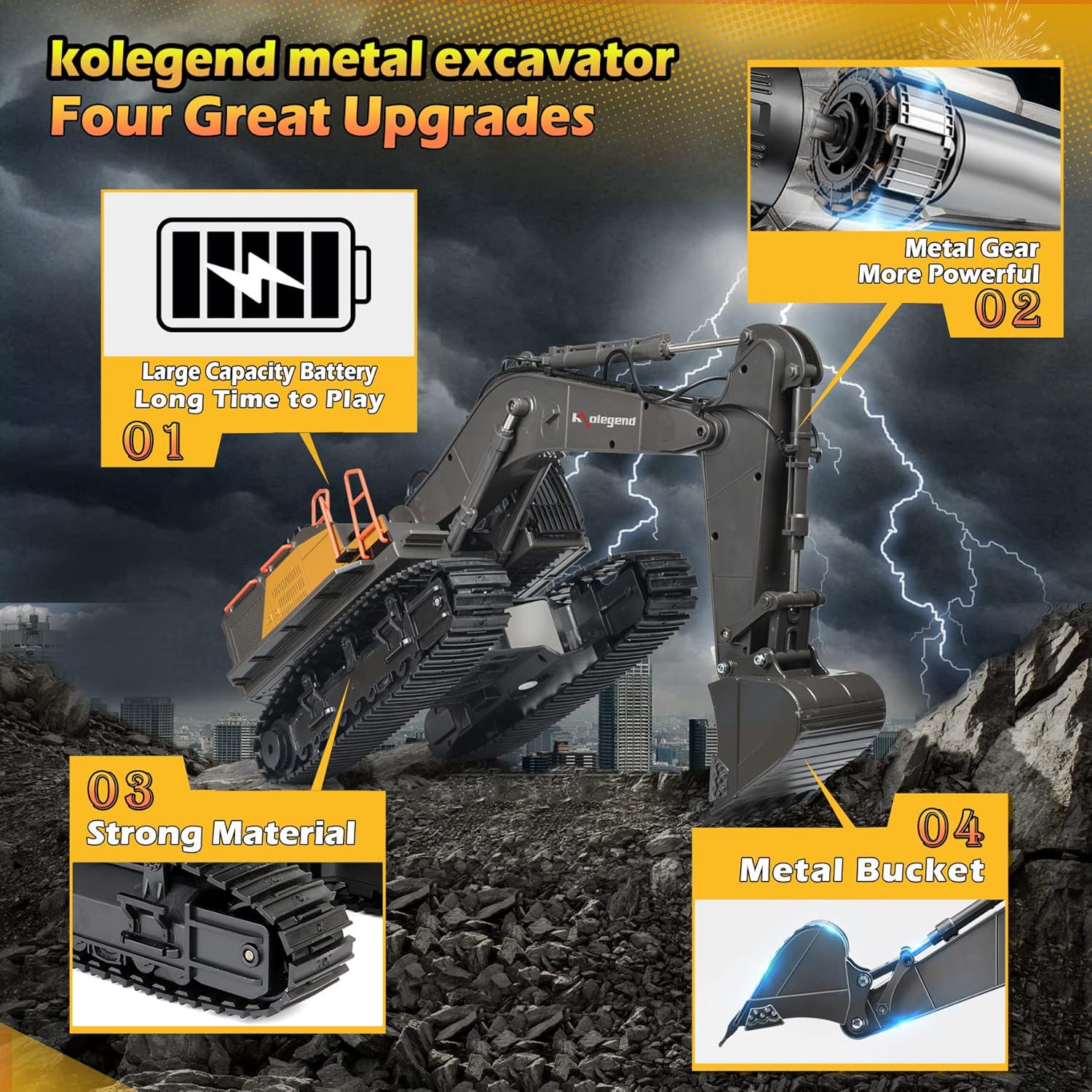 kolegend Remote Control Excavator Toy 1/14 Scale RC Excavator, 22 Channel Upgrade Full Functional Construction Vehicles Rechargeable RC Truck with Metal Shovel and Lights Sounds Pack of 2