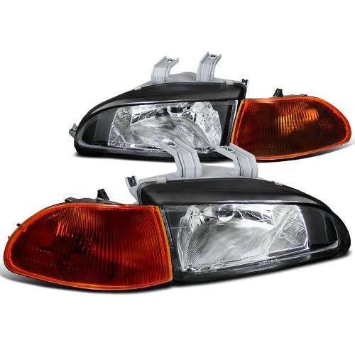 Spec-D Tuning for Honda Civic DX EX 4 Dr Black Headlights, Smoked Amber Corner Signal Lights