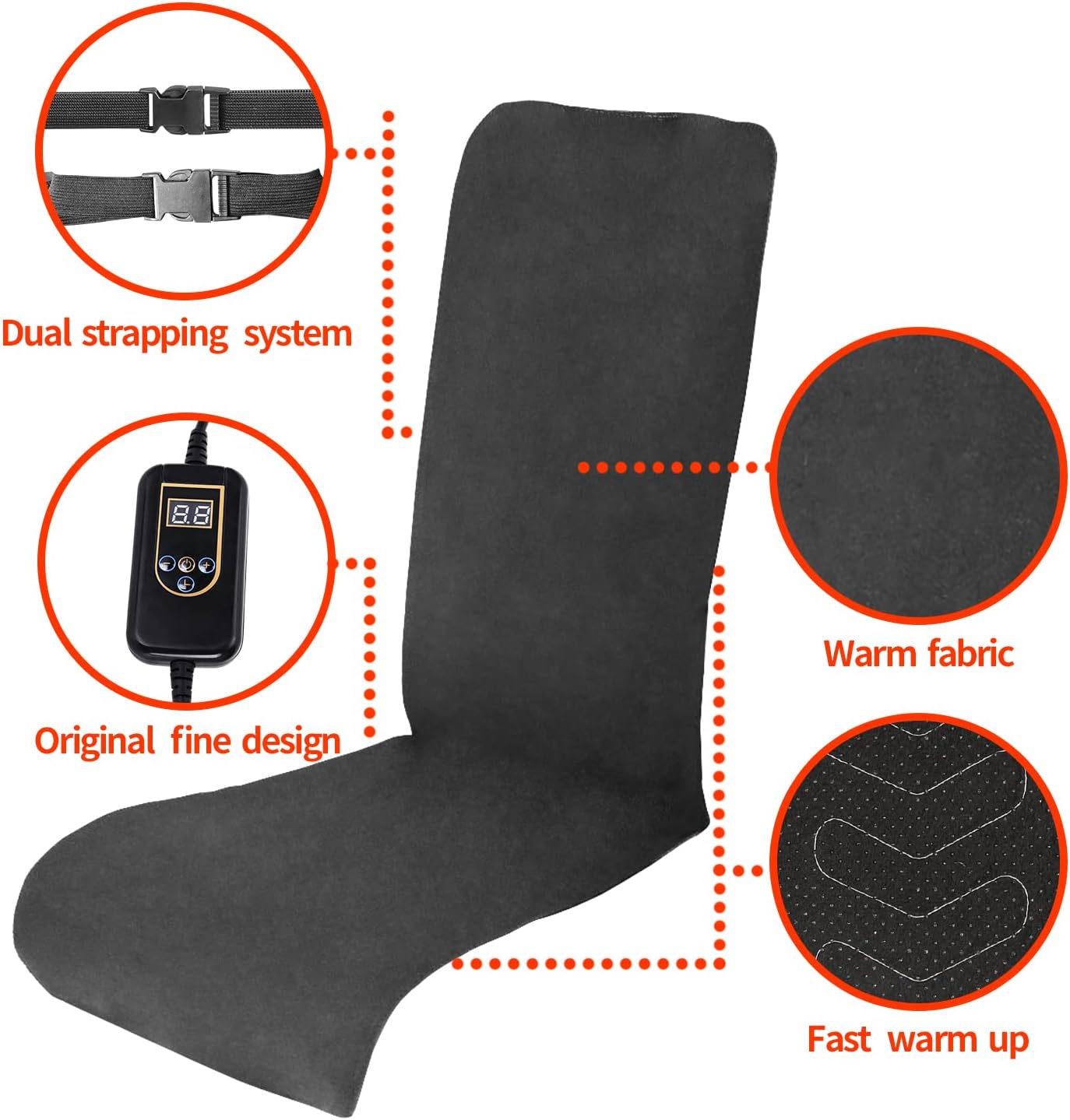 MAXCOM Foldable & Washable Fabric Heated Seat Cushion with Temperature Control & Timer - Whole Back Heating - for Home/ Office/ Travel Use