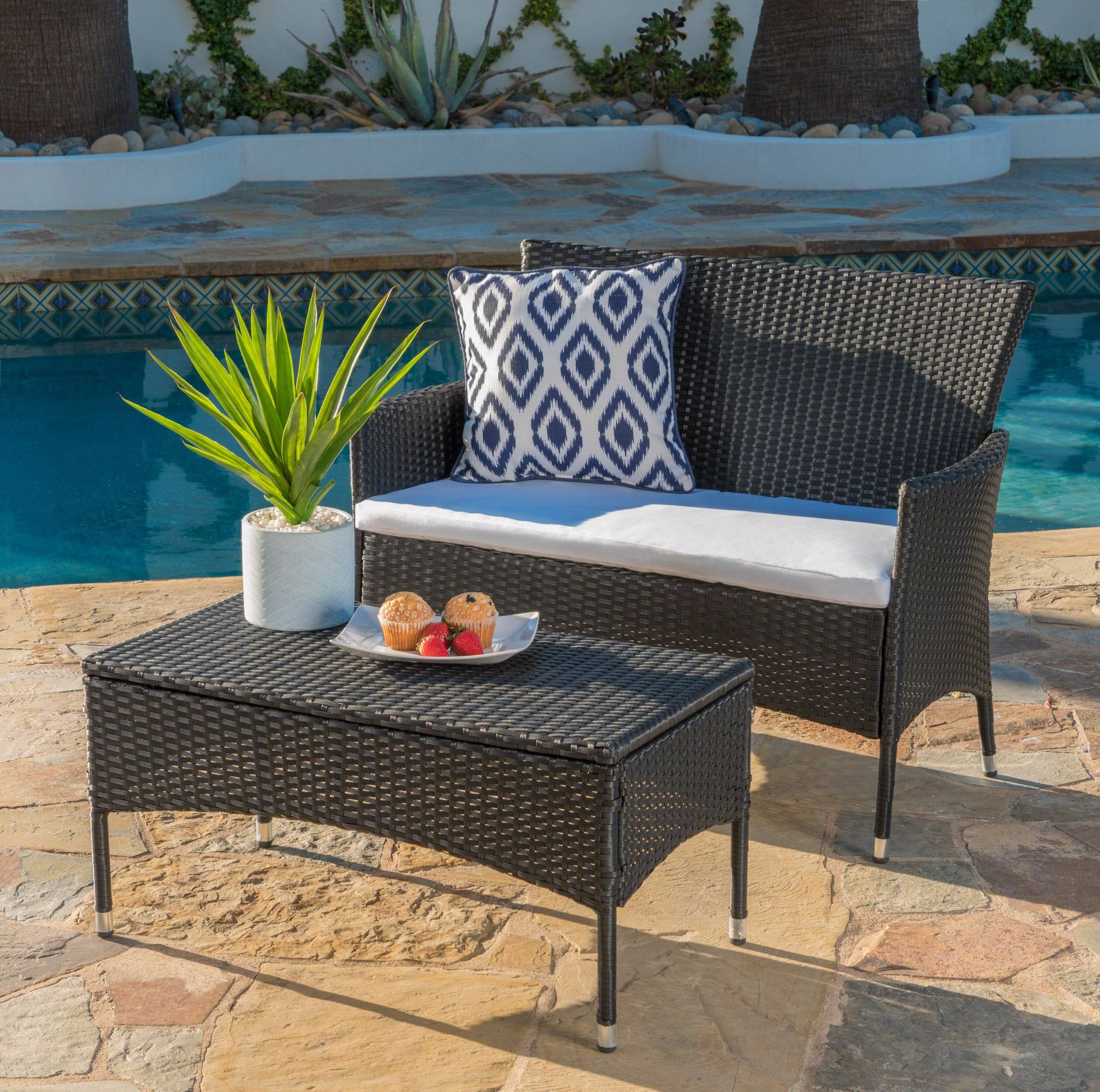 Montague Outdoor Wicker Loveseat and Coffee Table Set - Black / White